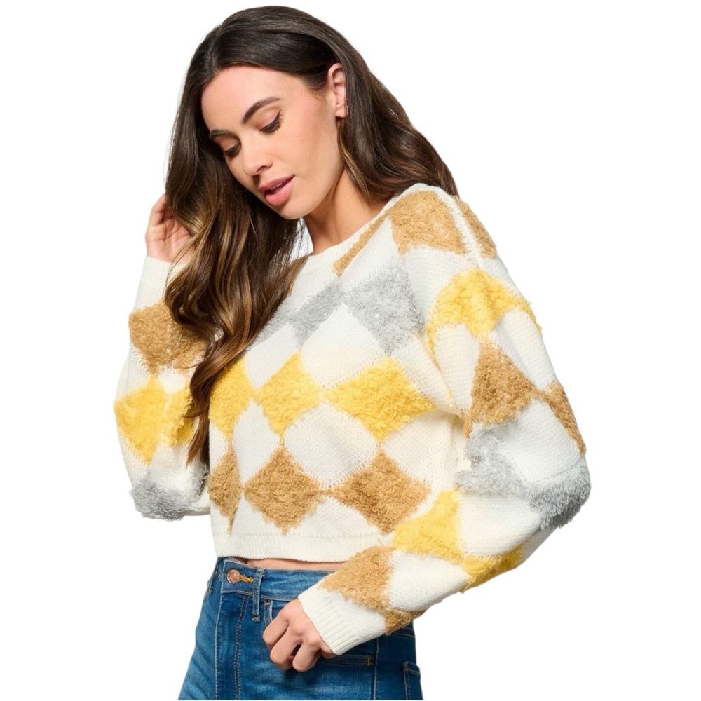 Textured Argyle Cropped Sweater Soft Fuzzy Knit Yellow Tan Gray S M L - Picture 2 of 6